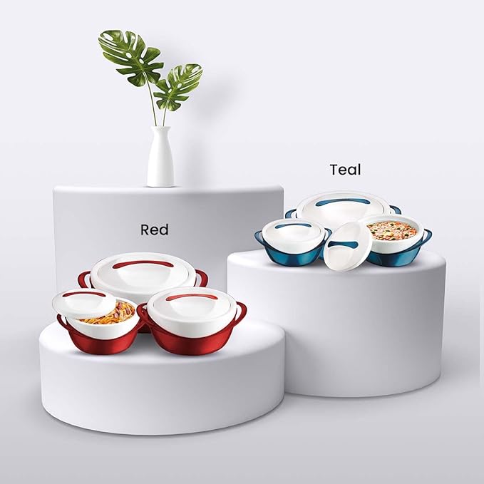 Pinnacle Panache Inner Stainless Steel Casserole Set of 3 | 600 ml, 1200 ml, 2500 ml | Hot Box | Roti Box | Ideal as Serving Bowl | Teal (Red) Pinnacle Panache Inner Stainless Steel Casserole Set of 3 | 600 ml, 1200 ml, 2500 ml | Hot Box | Roti Box | Ideal as Serving Bowl | Teal (Red)